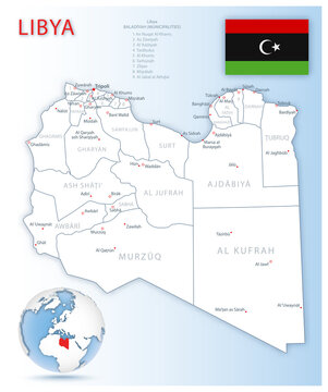 Detailed Libya administrative map with country flag and location on a blue globe.