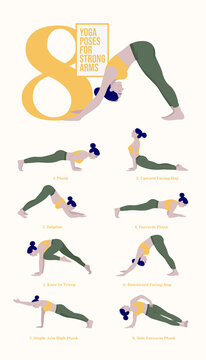 Set of yoga postures female figures.yoga poster Of 8 yoga poses for Strong Arms. Woman figures exercise in sportswear. .Vector Illustration.