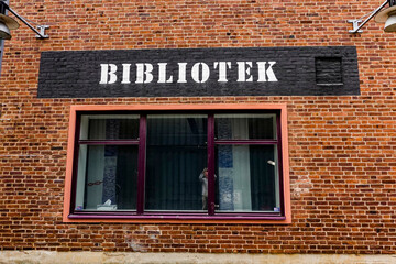 Gothenburg, Sweden  Buildings in the Lindholmen Science park, a high tech hub with the Chalmers University of Technology. A sign in Swedish for the library