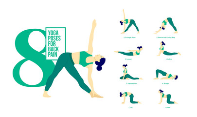Set of yoga postures female figures.yoga poster Of 8 yoga poses for Back Pain. Woman figures exercise in sportswear. .Vector Illustration.