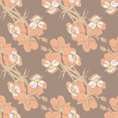 Vintage pink floral seamless pattern with hand drawn pansy flowers on dark background. Stock vector illustration.