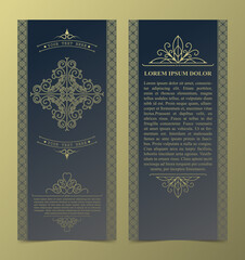 Vintage flyer design with gold abstract frame and crest. Template for invitation, brochure, menu, poster and other ads.