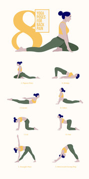 Set of yoga postures female figures.yoga poster Of 8 yoga poses for Back Pain. Woman figures exercise in sportswear. .Vector Illustration.