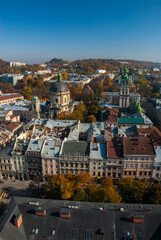Fototapeta na wymiar High view of old european architecture in autumn old city Lviv in Ukraine
