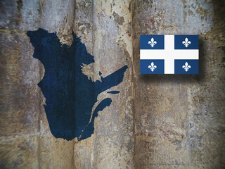 Fototapeta premium Map and flag of Quebec, province of Canada, on wooden background, 3D illustration