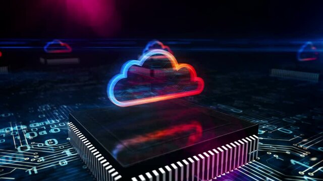Digital computing cloud symbol. Cyber technology, internet data storage, computer, database and mobile server abstract concept. 3D camera fly over the board circuit inside working computer.