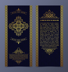 Vintage flyer design with gold abstract frame and crest. Template for invitation, brochure, menu, poster and other ads.
