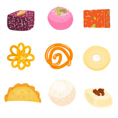 Vector set of traditional Indian sweets.  Gujiya, sandesh, gulab jamun, jalebi, rasgulla and others.