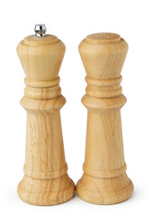 Wooden mills with salt and pepper on white