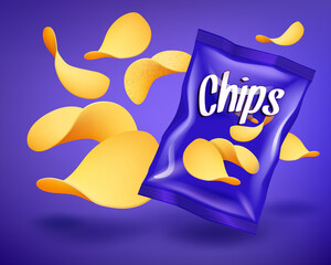 Blue chips package mockup with yellow crispy snacks, advertising concept