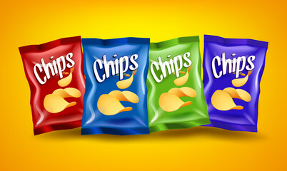 Set of red, blue and green chips packages with yellow crispy snacks, advertising concept