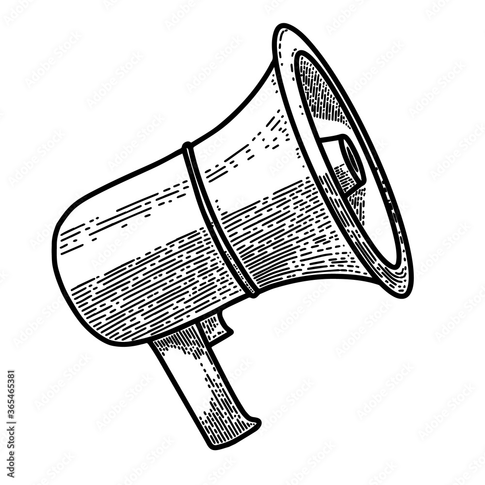 Wall mural Illustration of megaphone in engraving style. Design element for logo, label, sign, poster, t shirt.