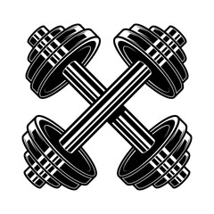 Illustration of crossed heavy athletic barbells in engraving style. Design element for logo, label, emblem, sign, badge.