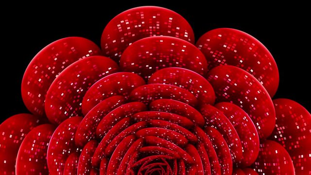 Big beautiful red rose with shiny pixels. Flower petals flicker and spin surreally. Shiny particles. It can be used in video projects, VJ-loops, concert backgrounds