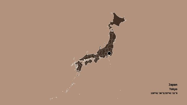 Kochi, prefecture of Japan, with its capital, localized, outlined and zoomed with informative overlays on a administrative map in the Stereographic projection. Animation 3D
