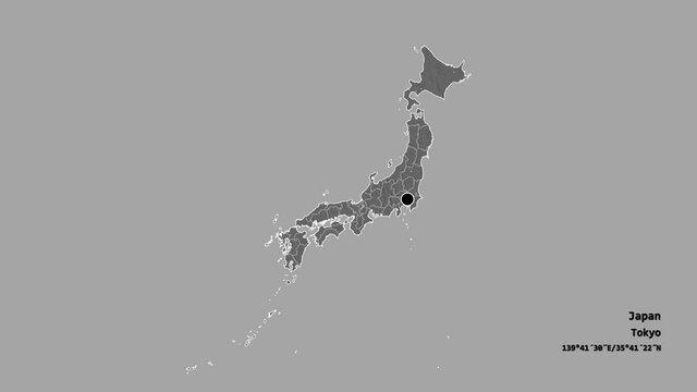 Kochi, prefecture of Japan, with its capital, localized, outlined and zoomed with informative overlays on a bilevel map in the Stereographic projection. Animation 3D