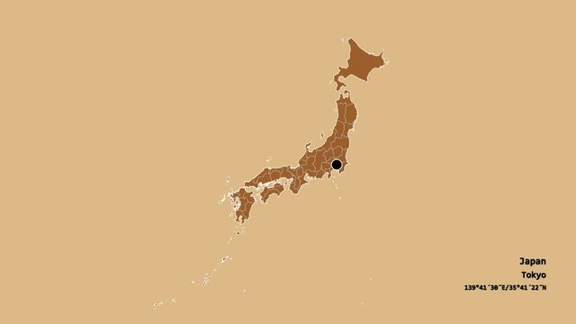 Kochi, prefecture of Japan, with its capital, localized, outlined and zoomed with informative overlays on a solid patterned map in the Stereographic projection. Animation 3D