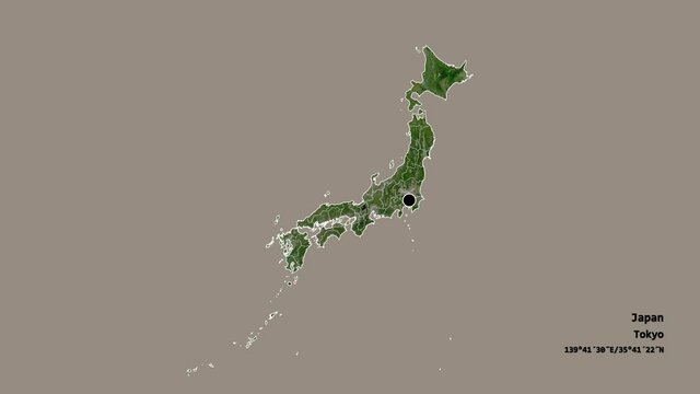 Kochi, prefecture of Japan, with its capital, localized, outlined and zoomed with informative overlays on a satellite map in the Stereographic projection. Animation 3D