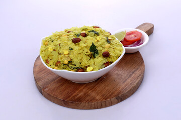 Indian Traditional Spicy And Sweet Mixture Namkeen Also Know as Chivda, Farsan, Namkin, Chiwada, or nylon chevdo on wooden 