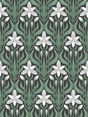 Seamless floral ornament in art Deco style. Ornithogalum umbellatum, the garden star-of-Bethlehem, grass lily, nap-at-noon, or eleven-o'clock lady.