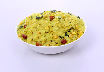 Indian Traditional Spicy And Sweet Mixture Namkeen Also Know as Chivda, Farsan, Namkin, Chiwada, or nylon chevdo on dark background