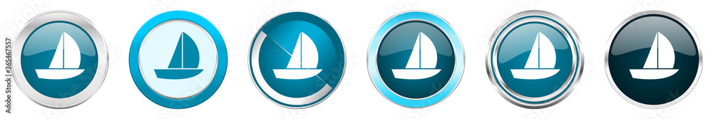 Poster yacht silver metallic chrome border icons in 6 options, set of web blue round buttons isolated on wh