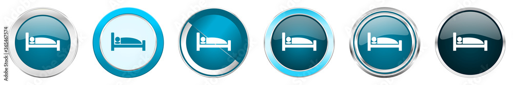 Poster hotel silver metallic chrome border icons in 6 options, set of web blue round buttons isolated on wh