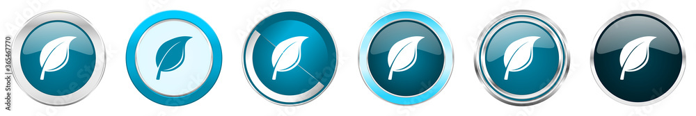 Poster Nature silver metallic chrome border icons in 6 options, set of web blue round buttons isolated on white background