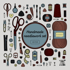 Sewing accessories set. Handmade, sewing, embroidery, needlework supplies on a beige background.