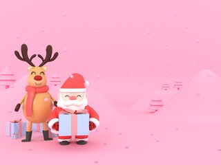 Fototapeta premium Christmas card pink background with santa claus Reindeer and giftbox,3d rendering. 