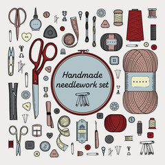 Sewing accessories set. Handmade, sewing, embroidery, needlework supplies.