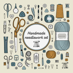 Sewing accessories set. Handmade, sewing, embroidery, needlework supplies.