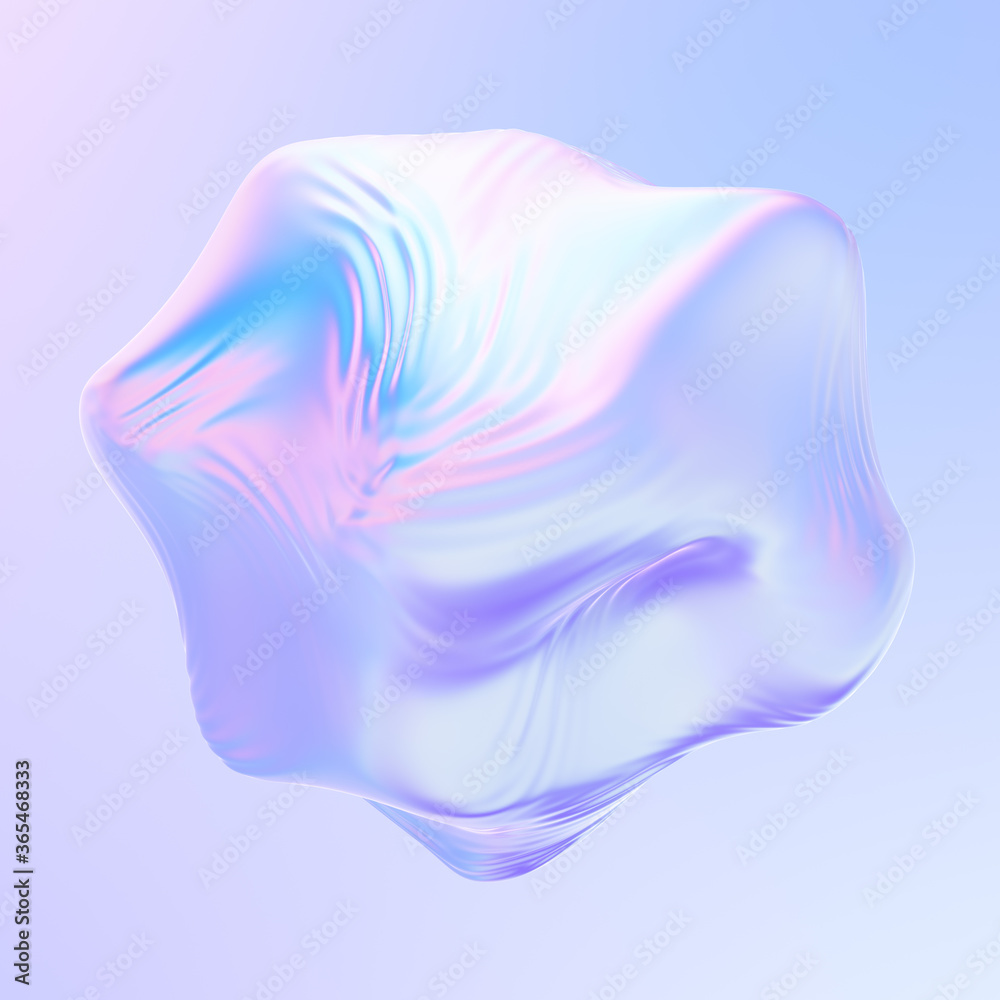 Poster 3D abstract smooth holographic cloth liquid shape. Cloth ball with ripples waving on wind. 3D rendering.