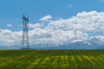Towers of high voltage power lines against the against the background of snow-capped mountains. 