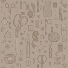 Seamless pattern. Handmade, sewing, embroidery, needlework items on a beige background.