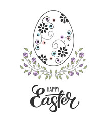 Hand drawn decorated easter egg and flowers on white background. Greeting card or invitation template