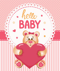Fototapeta na wymiar Cute pink baby card for baby birth and baby shower with teddy bear