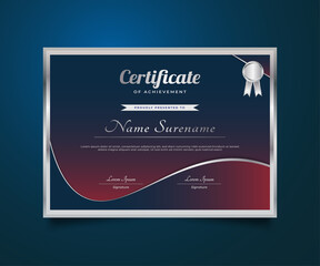 Fototapeta premium Blue and Red Certificate Template with Silver Badge