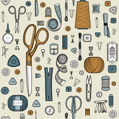 Seamless pattern. Handmade, sewing, embroidery, needlework items on a beige background.