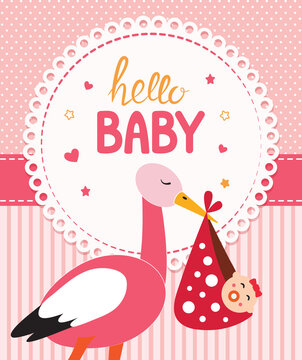 Cute pink baby greeting  card with stork and baby