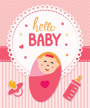 Cute pink baby greeting  card with newborn girl
