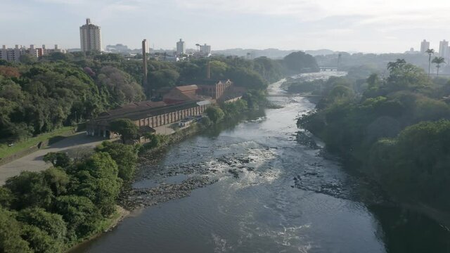 Piracicaba river seen from above with city in the background, Sao Paulo, Brazil