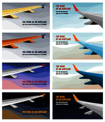 A set of postcards with an airplane wing on an abstract background with an inscription.