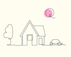 House with beautiful trees and a car. Line art