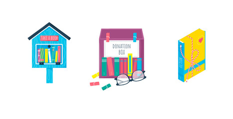 Donation concept set. Free books library