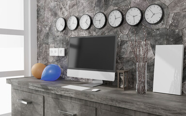 Workspace at home with a desktop computer 3d rendering mockup.Modern technology concept . 3d illustration