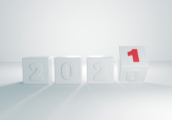 Numbers of 2021 on a square box. 3D rendering illustration design. The concept of change the year from 2020 to 2021 With number one is the red color on white background