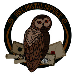 Card with an owl and letters on a round frame on a white background. The owl postal service.