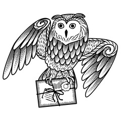 Monochrome card with an owl and letters in the style of engraving.