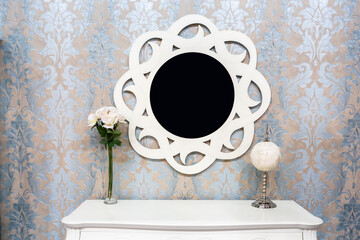 Beautiful white set of bureau and round mirror frame